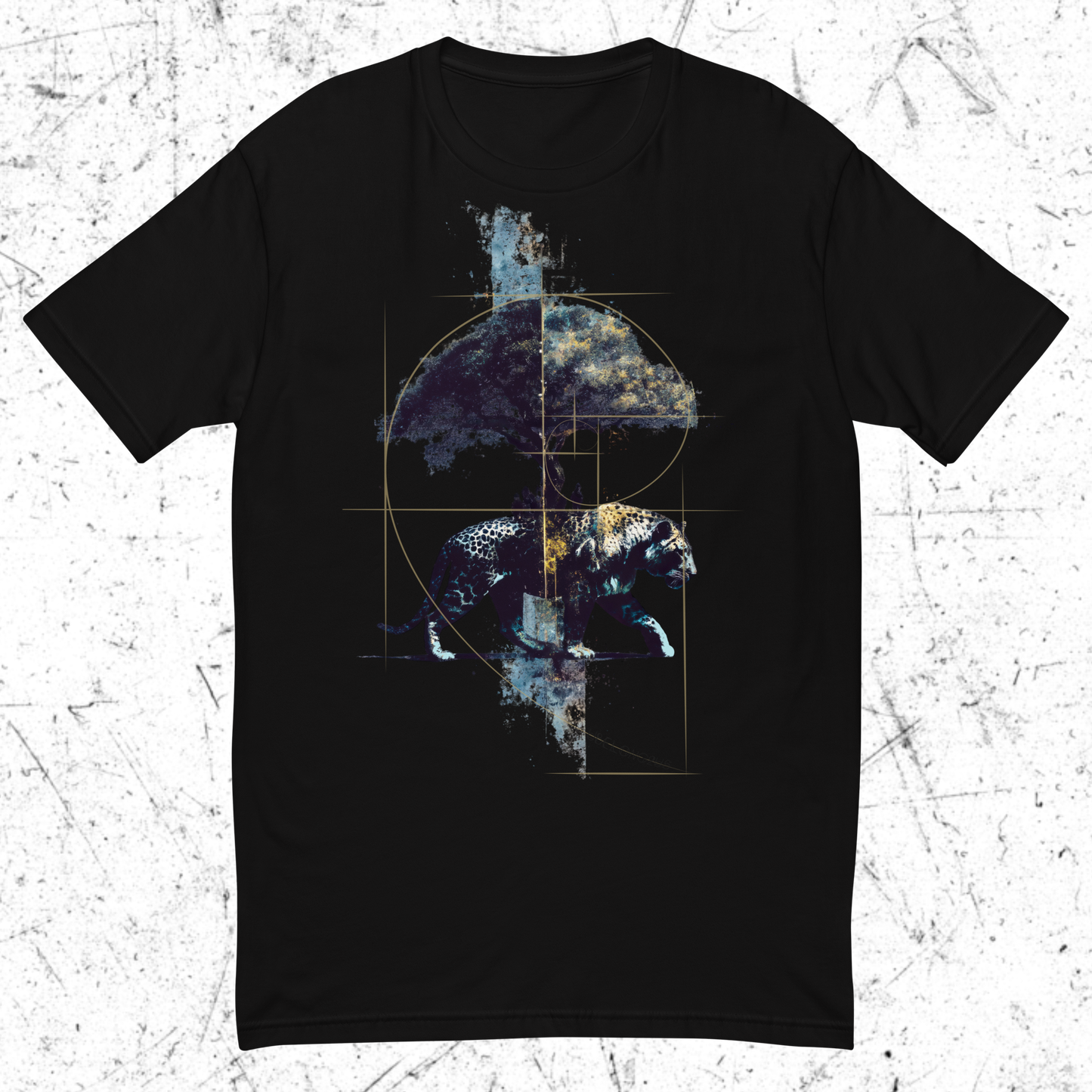 Black t-shirt with abstract design featuring a bear and geometric shapes on a textured white background