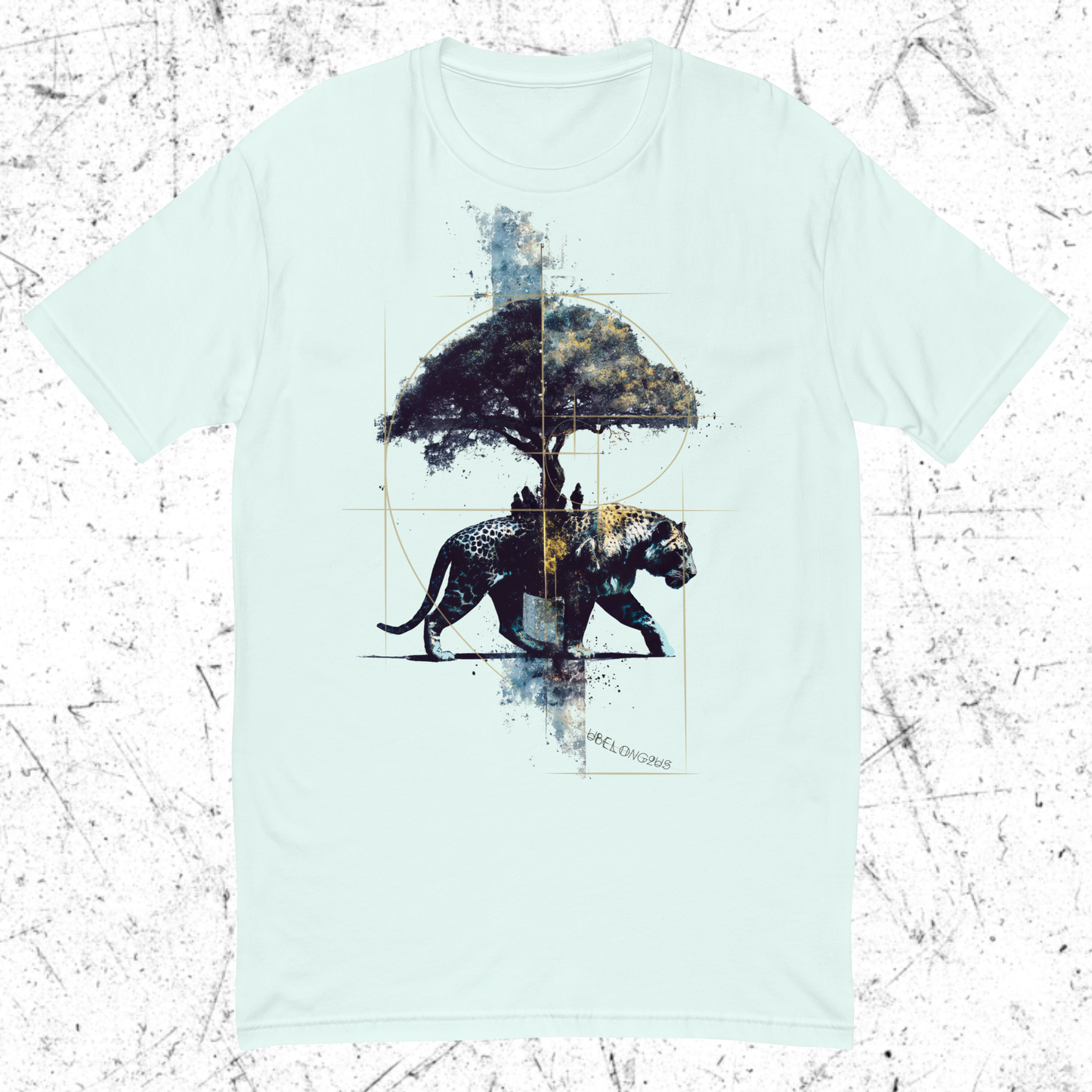 Light blue t-shirt with a graphic design of an leopard and tree on a white background