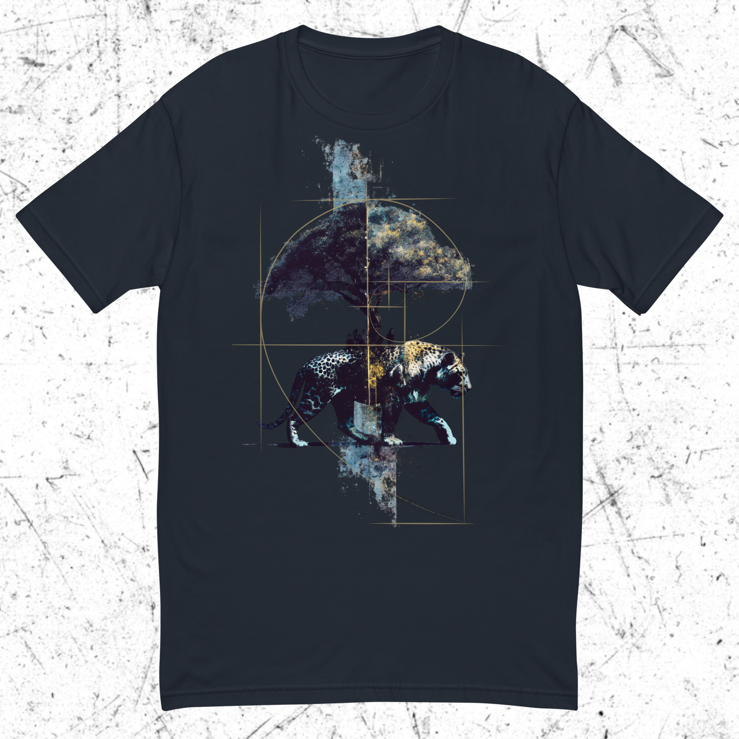 Midnight-Navy Blue t-shirt with a graphic design of a leopard and geometric shapes on a textured white background