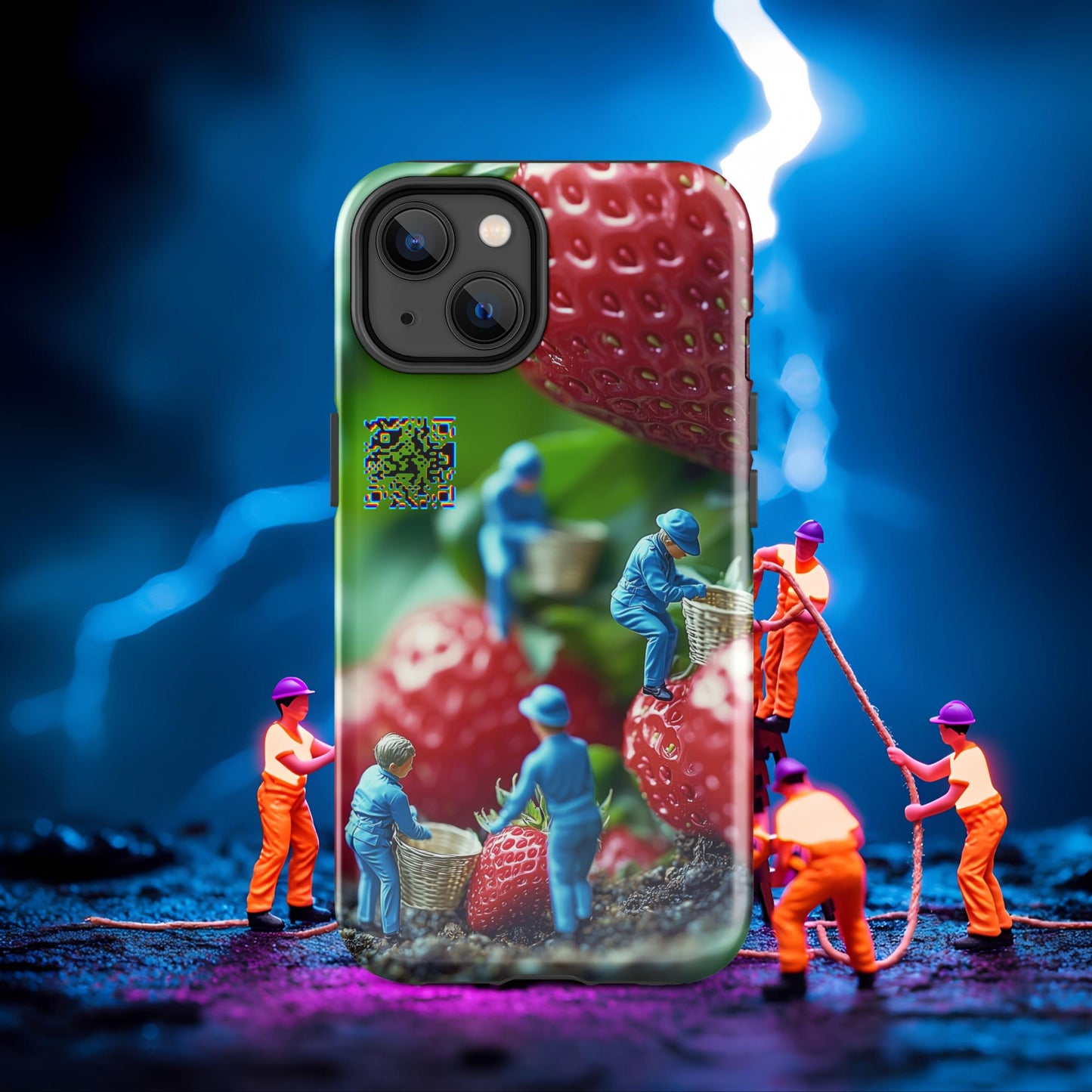Tiny Workers™ – Giant Strawberry – Limited QR Music Case for iPhone® – Tough | Glossy – Phone Case | QR Music Drop by uBelong2.us | Variant: iPhone 14