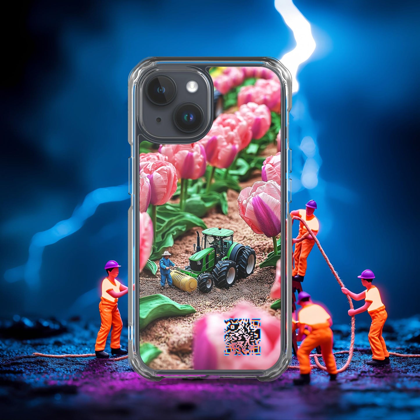 Tiny Workers™ – Spring Tulipans – Limited QR Music Case for iPhone® | FlexSafe™ – Phone Case | QR Music Drop by uBelong2.us | Variant: iPhone 15