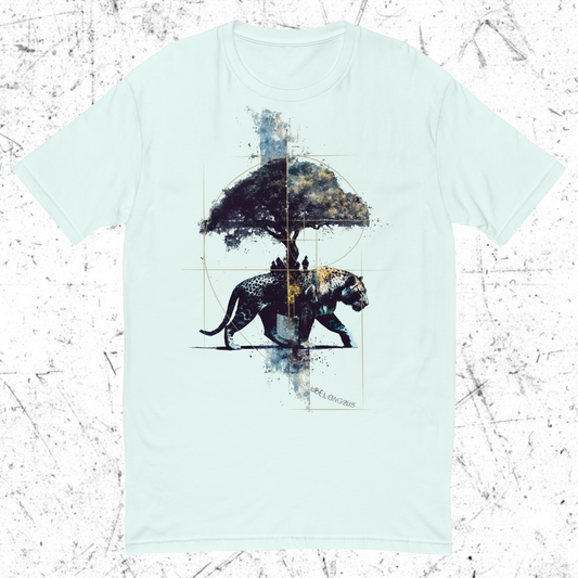 Light blue t-shirt with a graphic design of an leopard and tree on a white background