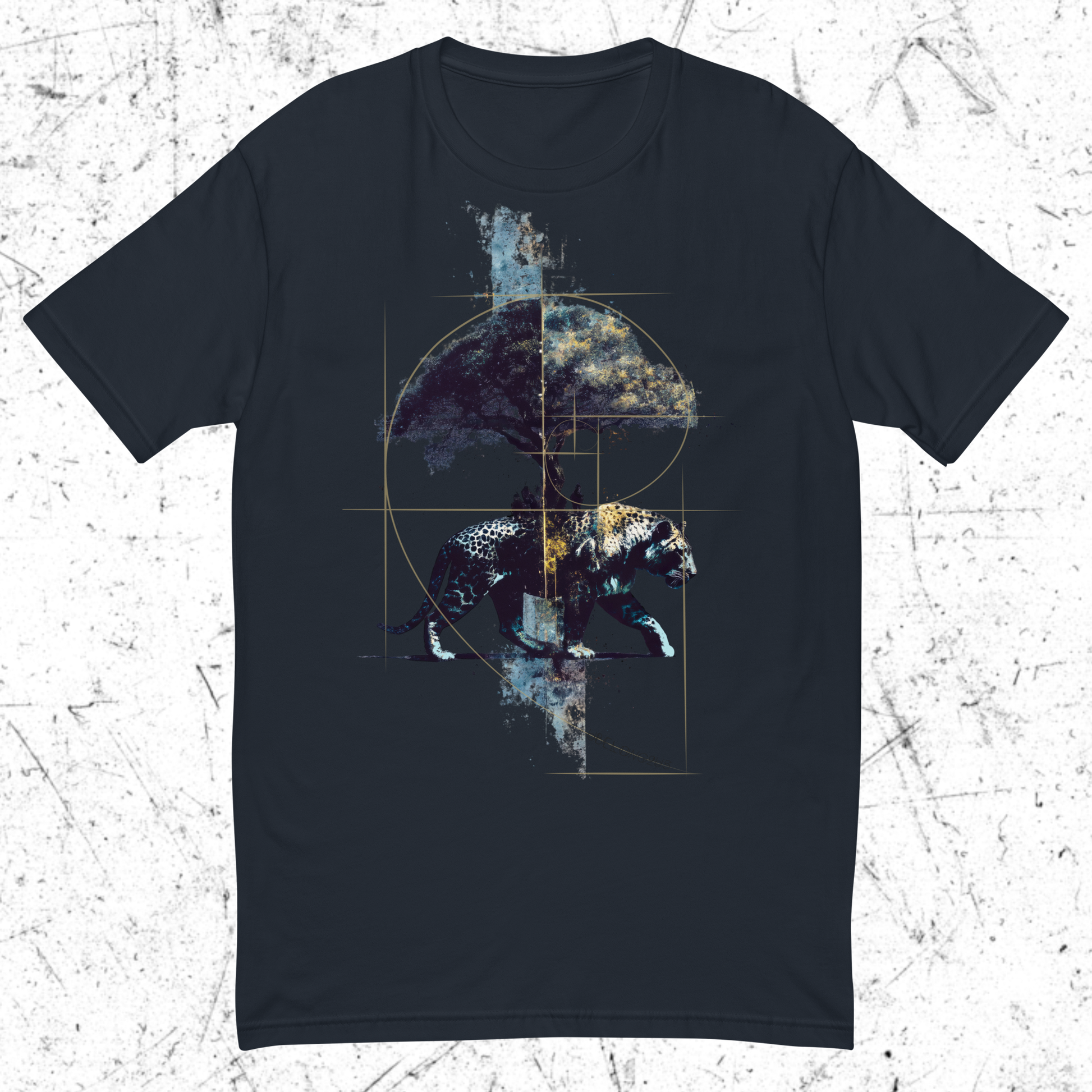 Midnight-Navy Blue t-shirt with a graphic design of a leopard and geometric shapes on a textured white background