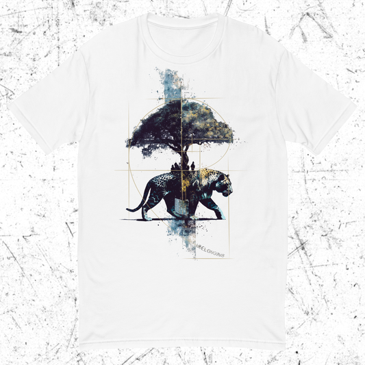 White t-shirt with a graphic design of an elephant and tree on a white background