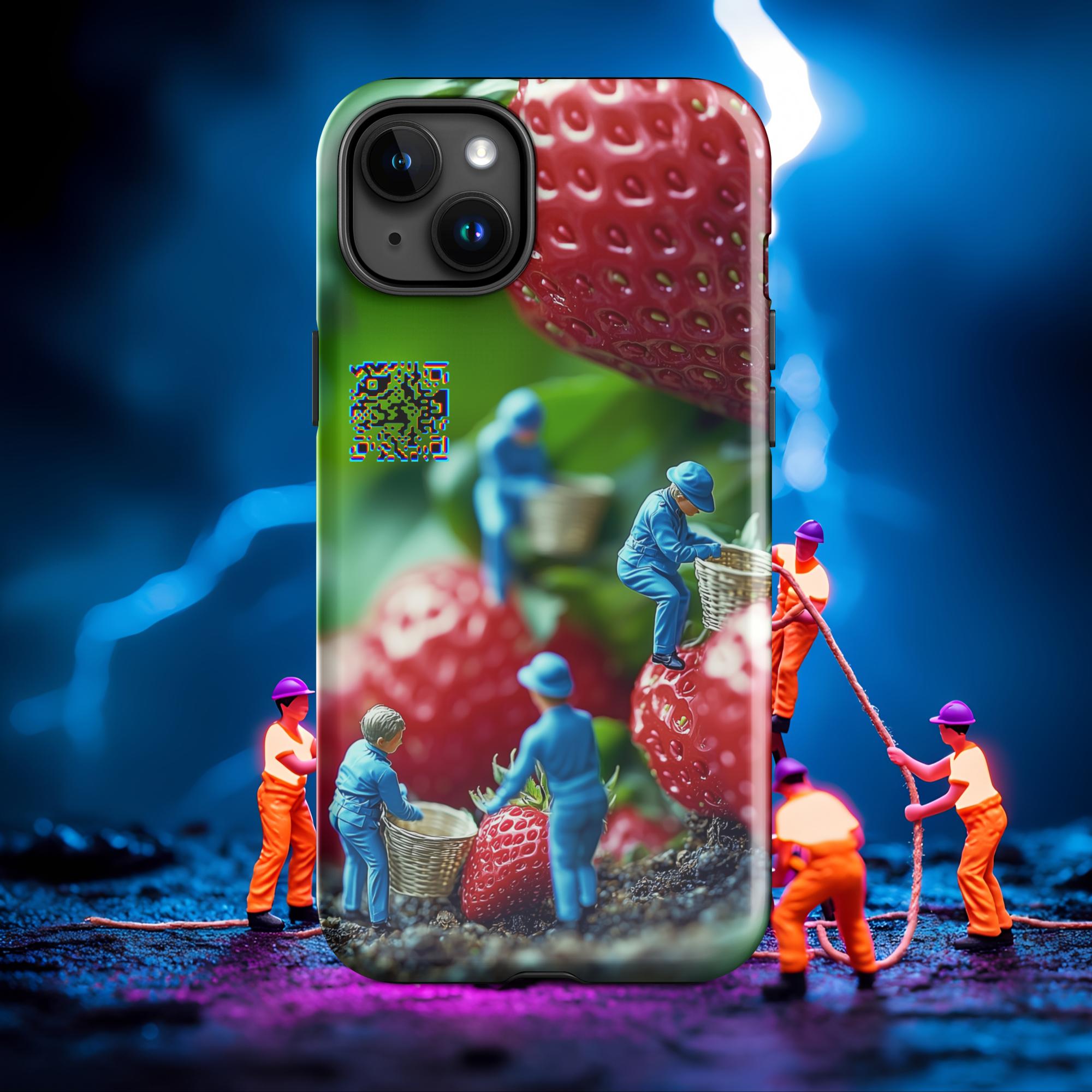 Tiny Workers™ – Giant Strawberry – Limited QR Music Case for iPhone® – Tough | Glossy – Phone Case | QR Music Drop by uBelong2.us | Variant: iPhone 15 Plus