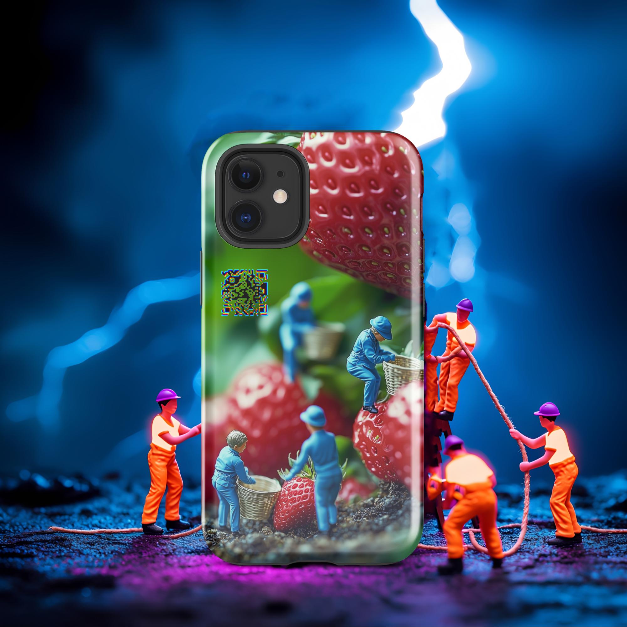 Tiny Workers™ – Giant Strawberry – Limited QR Music Case for iPhone® – Tough | Glossy – Phone Case | QR Music Drop by uBelong2.us | Variant: iPhone 12 mini