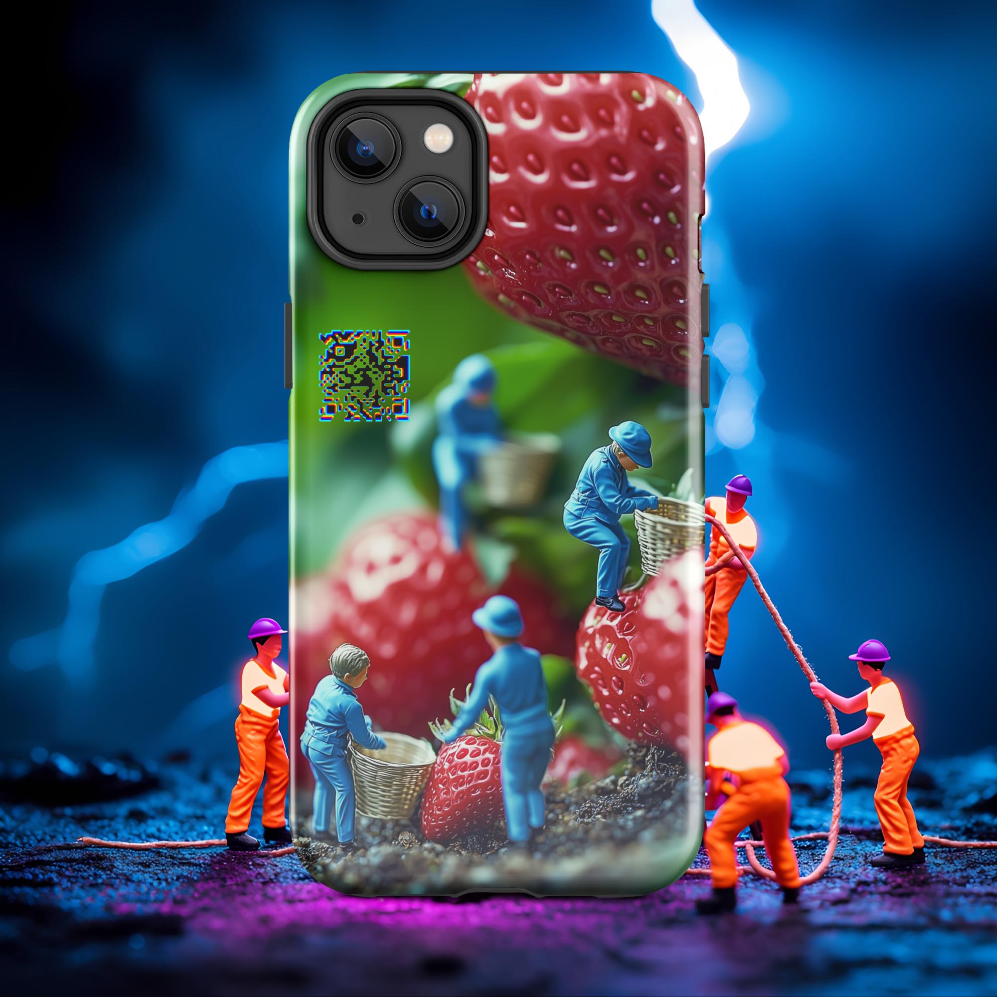 Tiny Workers™ – Giant Strawberry – Limited QR Music Case for iPhone® – Tough | Glossy – Phone Case | QR Music Drop by uBelong2.us | Variant: iPhone 14 Plus