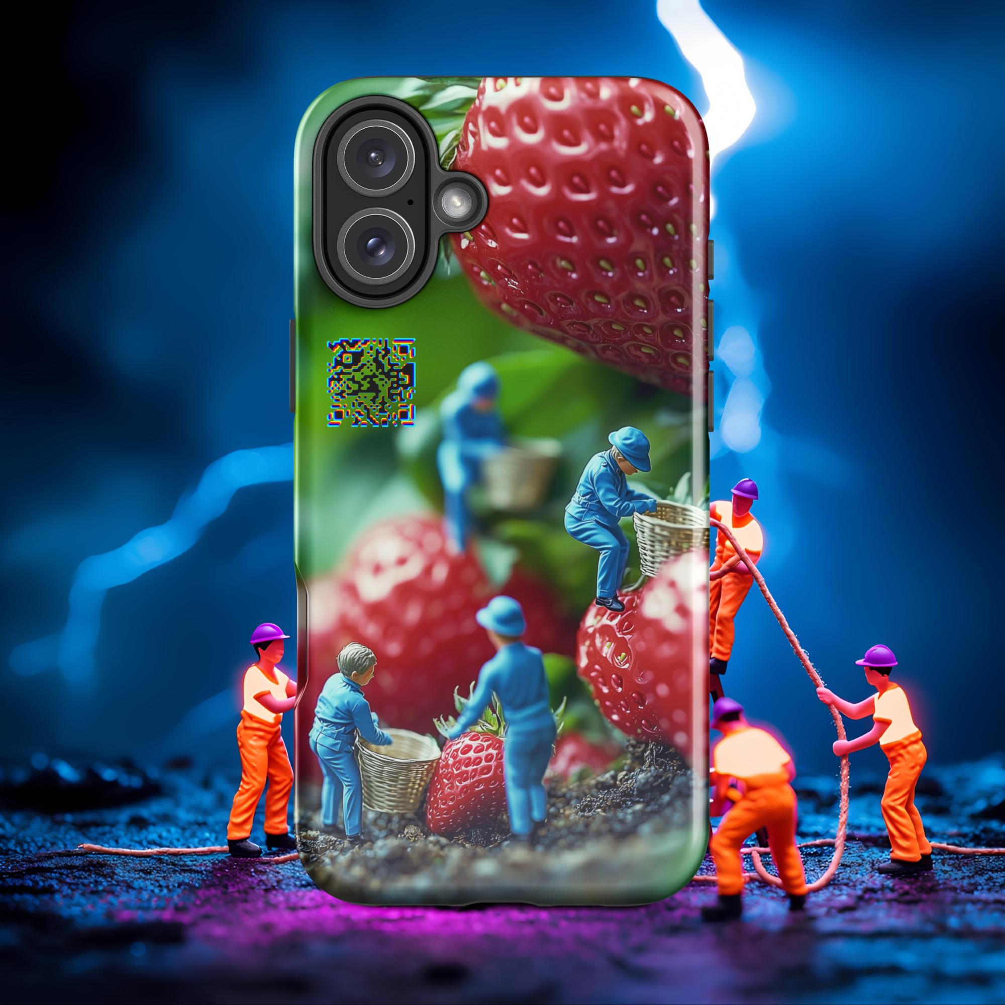 Tiny Workers™ – Giant Strawberry – Limited QR Music Case for iPhone® – Tough | Glossy – Phone Case | QR Music Drop by uBelong2.us | Variant: iPhone 16 Plus